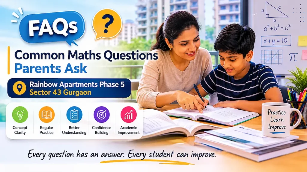 Parent helping a student study Maths at home in Rainbow Apartments Phase 5 Sector 43 Gurgaon, illustrating common Maths learning questions and academic support.