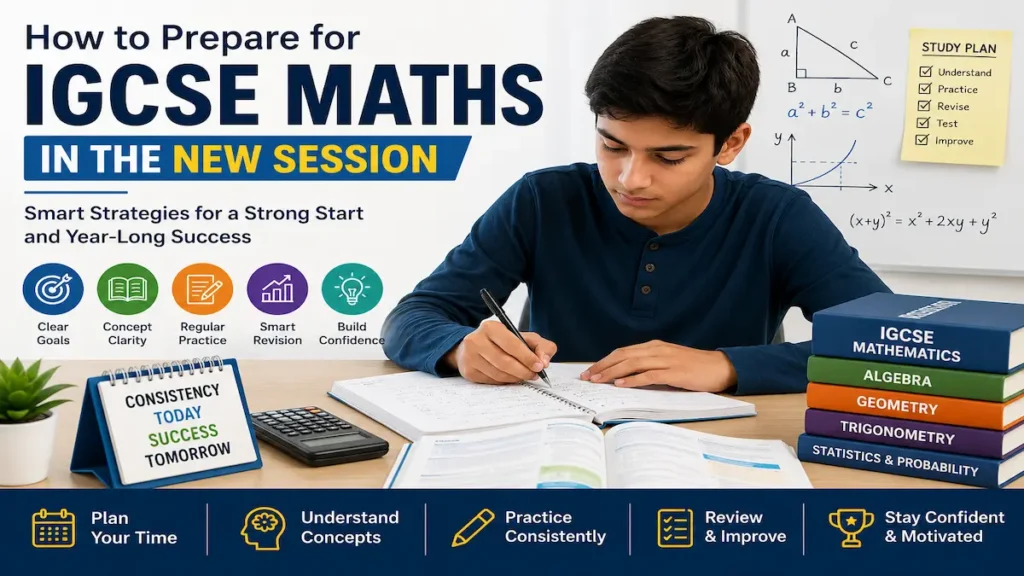 Student preparing for IGCSE Maths in the new academic session using a structured study plan and regular practice